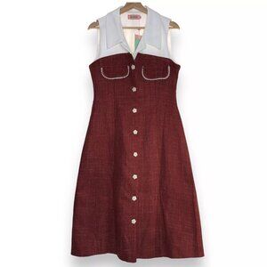 SHIMMER Women Burgundy White Sleeveless Dress XL Bottom Down Beaded Faux Pockets